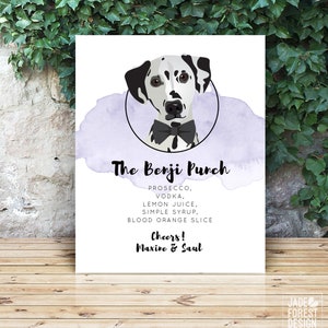 Signature Cocktail Sign with Personalized Dog Portrait > Dalmatian Dog Cartoon on Amethyst Purple Watercolor, Signature Drink Print