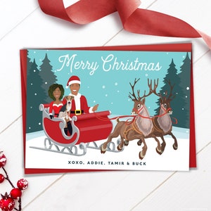 Couple Portrait Holiday Card, Personalized Printed Christmas Cards with Envelopes, Santa Sleigh & Reindeer, Cartoon with Pet, 100% Recycled