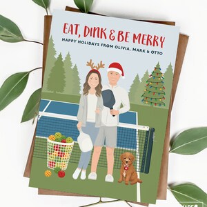 Biglietto di Natale personalizzato per coppia, biglietto di auguri per le vacanze di Pickleball con animali domestici, biglietto con ritratto di famiglia personalizzato, biglietti di Natale stampati, regalo per lei