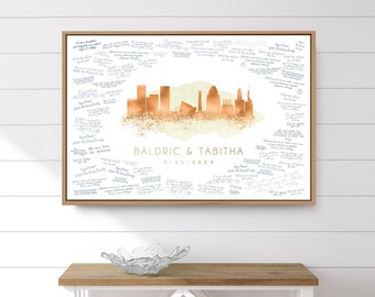 Wedding Guest Book Alternative • Baltimore Skyline Wall Art • Maryland Canvas Guestbook Gift • Faux Metallic Copper and Champagne Watercolor