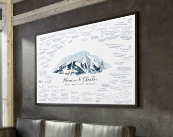 Wedding GUEST BOOK alternative • Colorado mountain guestbook canvas • Mount Crested Butte wall art • Indigo blue digital watercolor {oio}