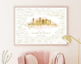 Wedding Guest Book Canvas > San Diego skyline sign, Blush watercolor and faux metallic gold print, Wedding guestbook alternative poster