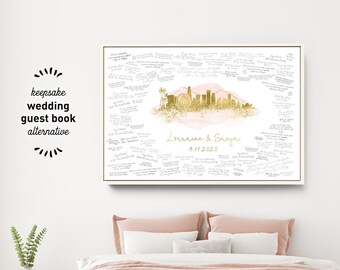 Wedding Guest Book Canvas > Los Angeles skyline sign, Blush watercolor and faux metallic gold print, Wedding guestbook alternative poster