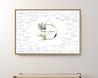 Wedding Guest Book Alternative, Monogram greenery monogram guestbook canvas with names, green and faux gold wedding logo sign {mow}