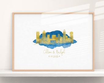 Wedding Guest Book Alternative • Charlotte Skyline Sign • Deep Blue Watercolor & Faux Gold Print, North Carolina Guestbook Canvas