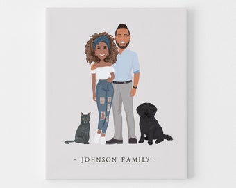 Custom family portrait illustration > Boho drawing from photo with neutral colors and gray background, Large framed couple cartoon with pets