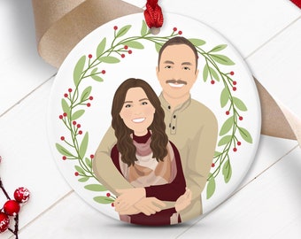 Personalized Christmas Portrait Ornament, Custom Keepsake Drawing from Photo, Round Ceramic Porcelain or Shatterproof Aluminum with Ribbon