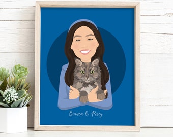 custom pet portrait drawn from photo, personalized cat portrait with maine coon shown, custom portrait of cat and owner, cute cat drawings
