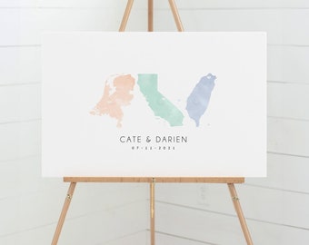 Guest Book Alternative > wedding map guestbook canvas with 3 countries or states, pastel watercolor state map {mfm}