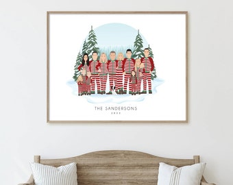 Christmas Pajama Family Portrait > Personalized Matching Christmas Pajamas Cartoon Art Print  • Unique Christmas Gift for Mom • WINTER SCENE