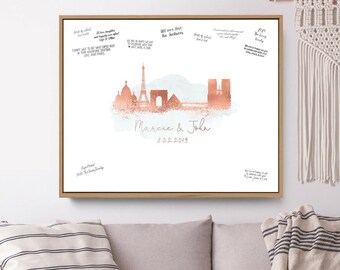 Wedding Guest Book Alternative > Paris skyline guestbook, Gray watercolor and faux metallic rose gold print, Canvas sign for wedding