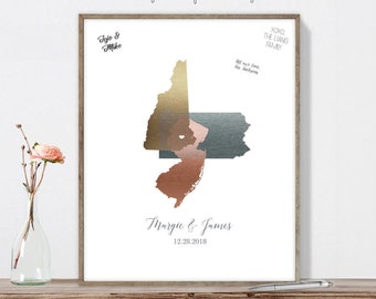 Wedding Guest Book Alternative / Three State Map Guest Book / Faux Metallic Rose Gold Map Guestbook ▷Canvas, Paper {or} Printable {moa}