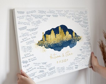 Wedding Guest Book Alternative • Austin Skyline Wall Art • Texas Canvas Guestbook Gift • Faux Metallic Gold and Navy Blue Watercolor