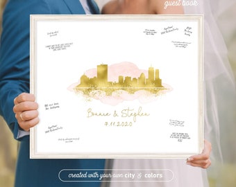 Alternative Guest Book for Wedding > Blush watercolor and faux metallic gold Boston skyline print, Canvas wedding guestbook sign