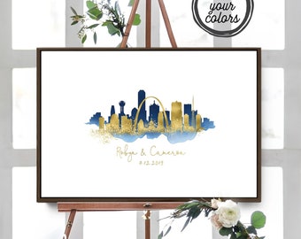 Wedding Guest Book Alternative Sign > St Louis & Dallas skyline guestbook • Navy watercolor and faux metallic gold • Canvas sign for wedding