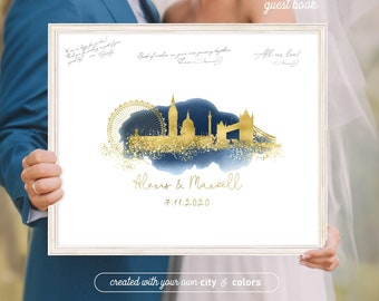 Wedding Guest Book Alternative > London skyline guestbook, Navy watercolor and faux metallic gold print, Canvas sign for wedding