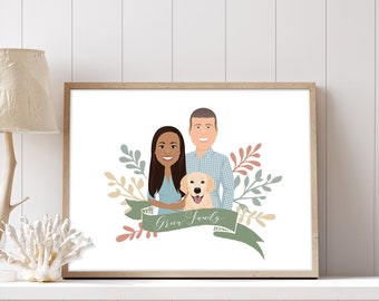 Couple portrait illustration > Custom family drawing with faces, Personalized portrait with golden retriever dog, Large framed portrait