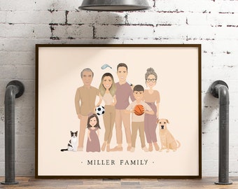 Custom family portrait with children and grandparents > Personalized extended family drawing from photos, Boho illustration in earth tones