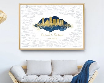 Wedding Guest Book Alternative > San Diego skyline sign, Faux metallic gold and navy watercolor print, California wedding guestbook canvas