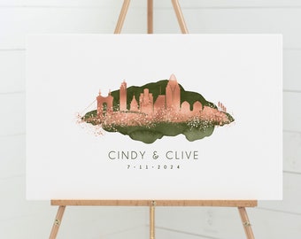 Wedding Guest Book Alternative • Cincinnati Skyline Wall Art • Ohio Canvas Guestbook Gift • Faux Rose Gold & Dark Olive Green Watercolor