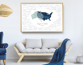 Wedding Guest Book Alternative > Dusty Green & Navy Blue Watercolor Guestbook (Custom Map of Countries, States, or Provinces) {moa}