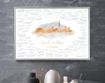 Wedding Guest Book Alternative > Washington DC skyline sign, Gray watercolor and faux metallic copper print, Wedding guestbook canvas