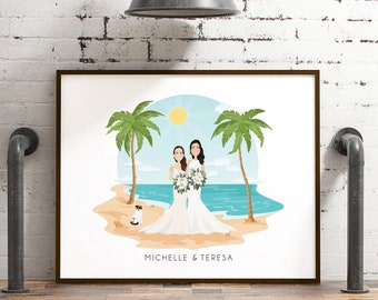 Custom tropical wedding portrait canvas > Personalized lesbian couple cartoon art on beach  • Unique Christmas gift for couple • BEACH SCENE