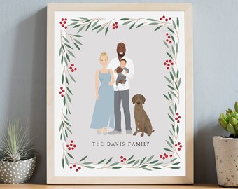 Personalized Family Portrait with Baby and Dog, Custom Drawing from Photo, Fun Christmas Gift for New Parents or Great Dane Mom and Dads