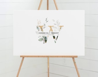 Guest Book Alternative, Monogram wedding monogram logo, framed canvas guestbook with names, greenery and faux gold wedding sign {mow}