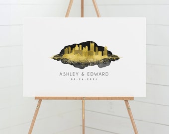 Guest Book Alternative canvas > Pittsburgh wedding guestbook with skyline art, large black and gold wall art, faux metallic and watercolor