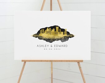 Guest Book Alternative canvas > Pittsburgh wedding guestbook with skyline art, large black and gold wall art, faux metallic and watercolor