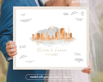 Wedding Guest Book Alternative > Saint Louis skyline print, Faux metallic copper and gray watercolor canvas, Wedding guestbook sign