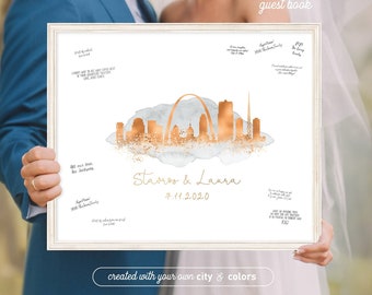 Wedding Guest Book Alternative > Saint Louis skyline print, Faux metallic copper and gray watercolor canvas, Wedding guestbook sign