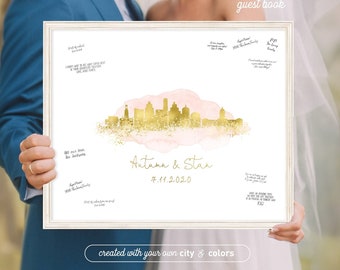 Wedding Guest Book Alternative > Austin skyline sign, Blush watercolor and faux metallic gold guestbook, Canvas print for wedding