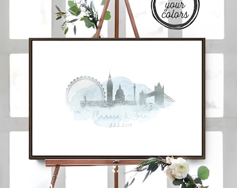 Wedding Guest Book Alternative > London skyline guestbook, Dusty Blue watercolor and faux metallic silver print, Canvas sign for wedding