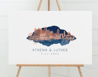 Wedding Guest Book Alternative • Atlanta Skyline Wall Art • Georgia Canvas Guestbook Gift • Faux Metallic Rose Gold and Navy Watercolor