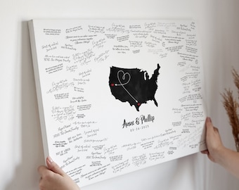 Wedding GUEST BOOK Alternative, Map of United States with Heart Arrow connecting hometown cities or states, bespoke wedding decor {mfo}