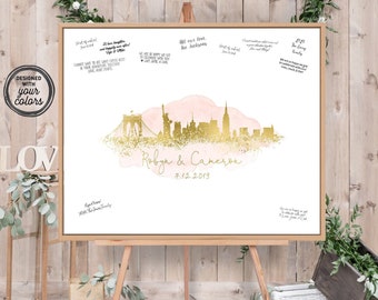 Wedding Guest Book Alternative > New York City skyline guestbook, Blush watercolor and faux metallic gold print, Canvas sign for wedding