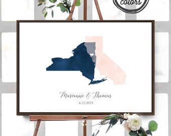 Wedding Guest Book Alternative > Navy & blush watercolor guest book map, Custom state or country map guestbook {moa}