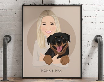 Personalized Pet Portrait Wall Art Canvas, Custom Drawing with Rottweiler, Unique Rottie Mom Gift Idea for Mother's Day, Custom Cartoon Art