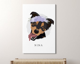 Cartoon Dog Portrait with Flower Crown  > custom pet portrait canvas, personalized pet home decor, large framed pet drawing from photo