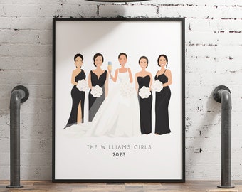 Personalized Bride and Bridesmaids Portrait in Dresses with Flowers, Custom Drawing from Photo, Fun Christmas Gift for Newlywed Best Friend