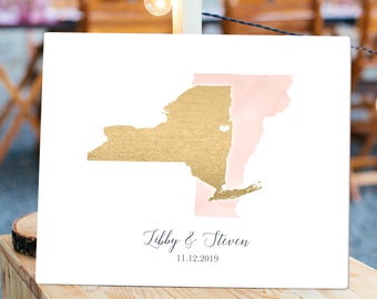 Wedding Guest Book Alternative > Pink blush watercolor & faux metallic gold guestbook canvas, State or country map guest book {moa}