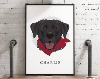 Custom Dog Portrait Cartoon with Bandana  > black lab cartoon canvas, personalized pet home decor, large framed Labrador drawing from photo