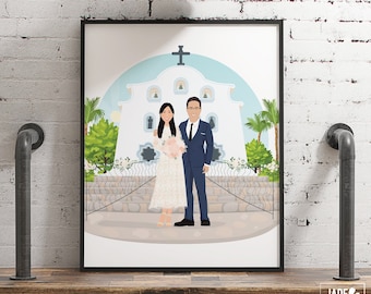 Couple Portrait with Custom Background, Personalized Cartoon Drawing from Photo with Your Own Location, Unique Anniversary Gift