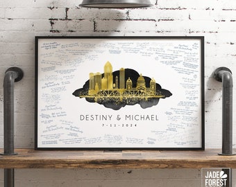 Wedding Guest Book Alternative • Des Moines Skyline Wall Art • Iowa Canvas Guestbook Gift • Faux Gold & Onyx Black Watercolor