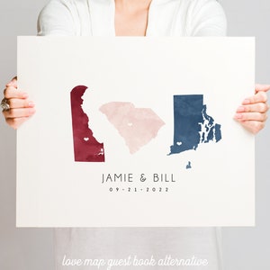 Guestbook Alternative > canvas wedding map guest book sign with 3 states or countries, blush navy and burgundy watercolor state map {mfm}
