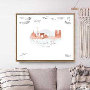Wedding Guest Book Alternative > Paris skyline guestbook, Gray watercolor and faux metallic rose gold print, Canvas sign for wedding
