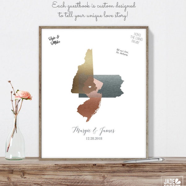 Wedding Guest Book Alternative / Three State Map Guest Book / Faux Metallic Rose Gold Map Guestbook ▷Canvas, Paper {or} Printable {moa}