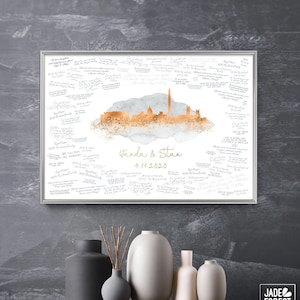 Wedding Guest Book Alternative > Washington DC skyline sign, Gray watercolor and faux metallic copper print, Wedding guestbook canvas